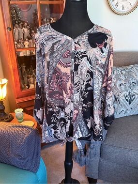 dressbarn Women's Paisley Print Tie-Hem Blouse in Black and Pink